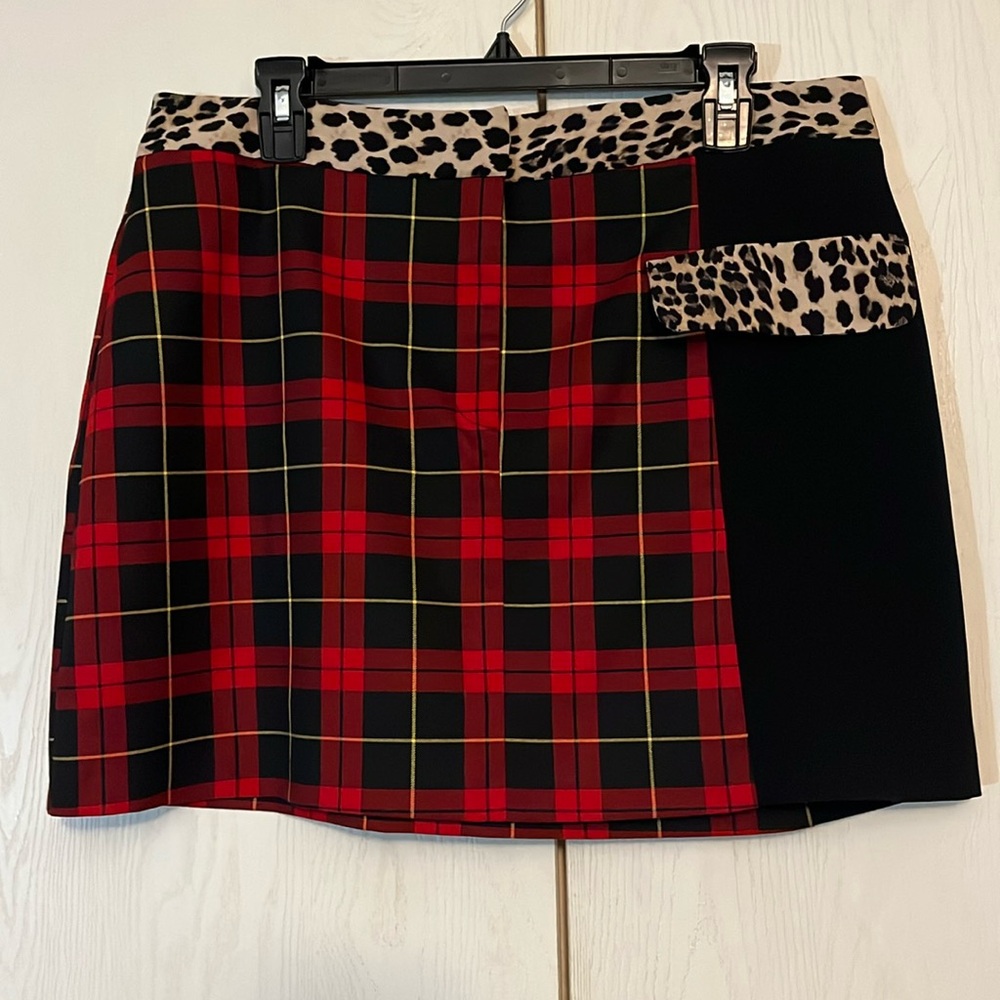 Topshop Plaid W/ Leopard Print Trim Mini Skirt